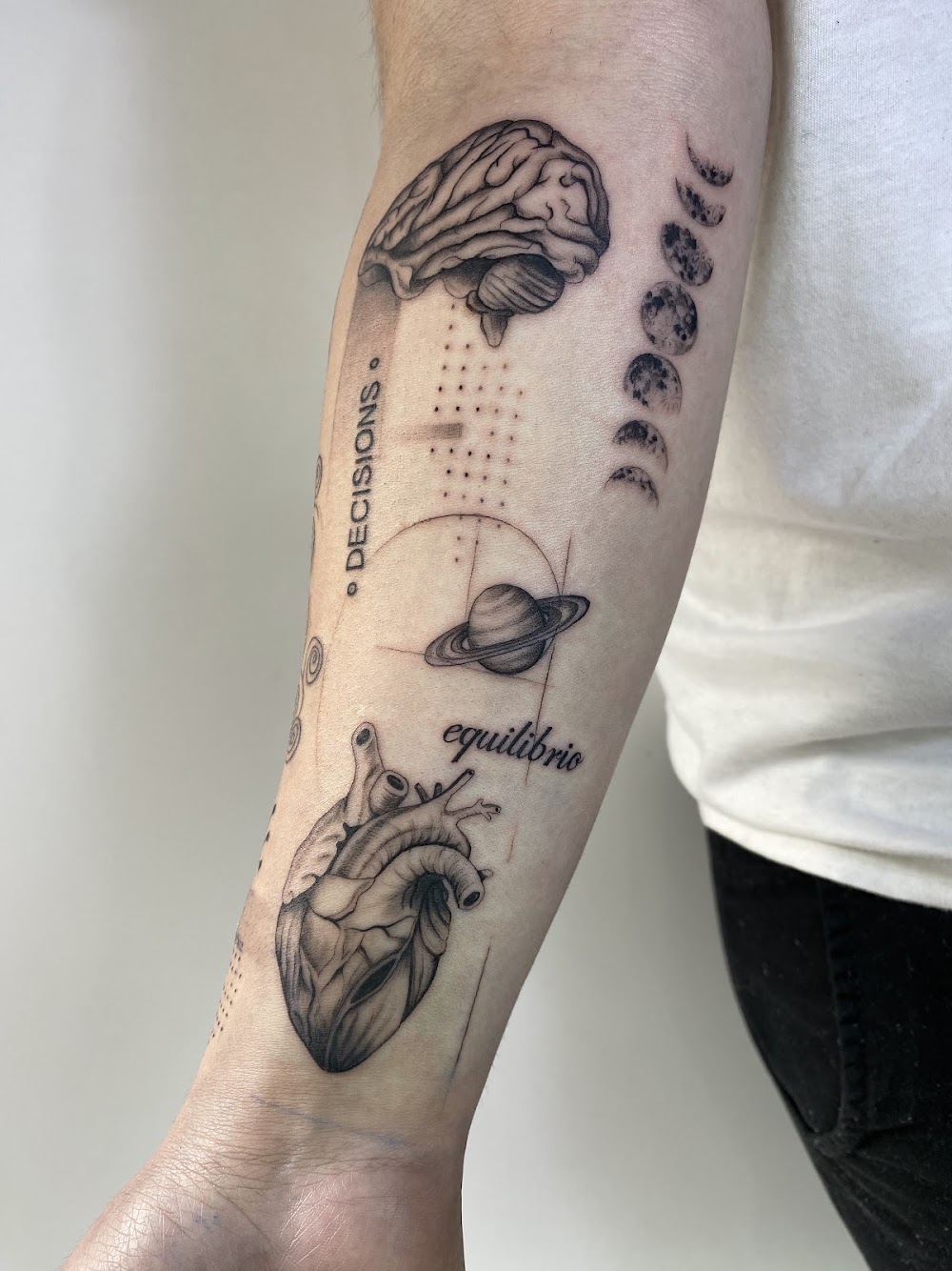 Intricate sacred geometry dotwork mandala tattoo on shoulder and back, crisp stippling, flawless symmetry, high contrast black ink on skin, dramatic directional lighting